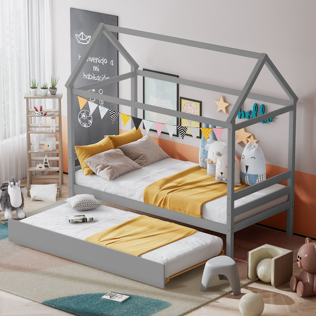Kids Platform Bed Frame with Roof - Gray