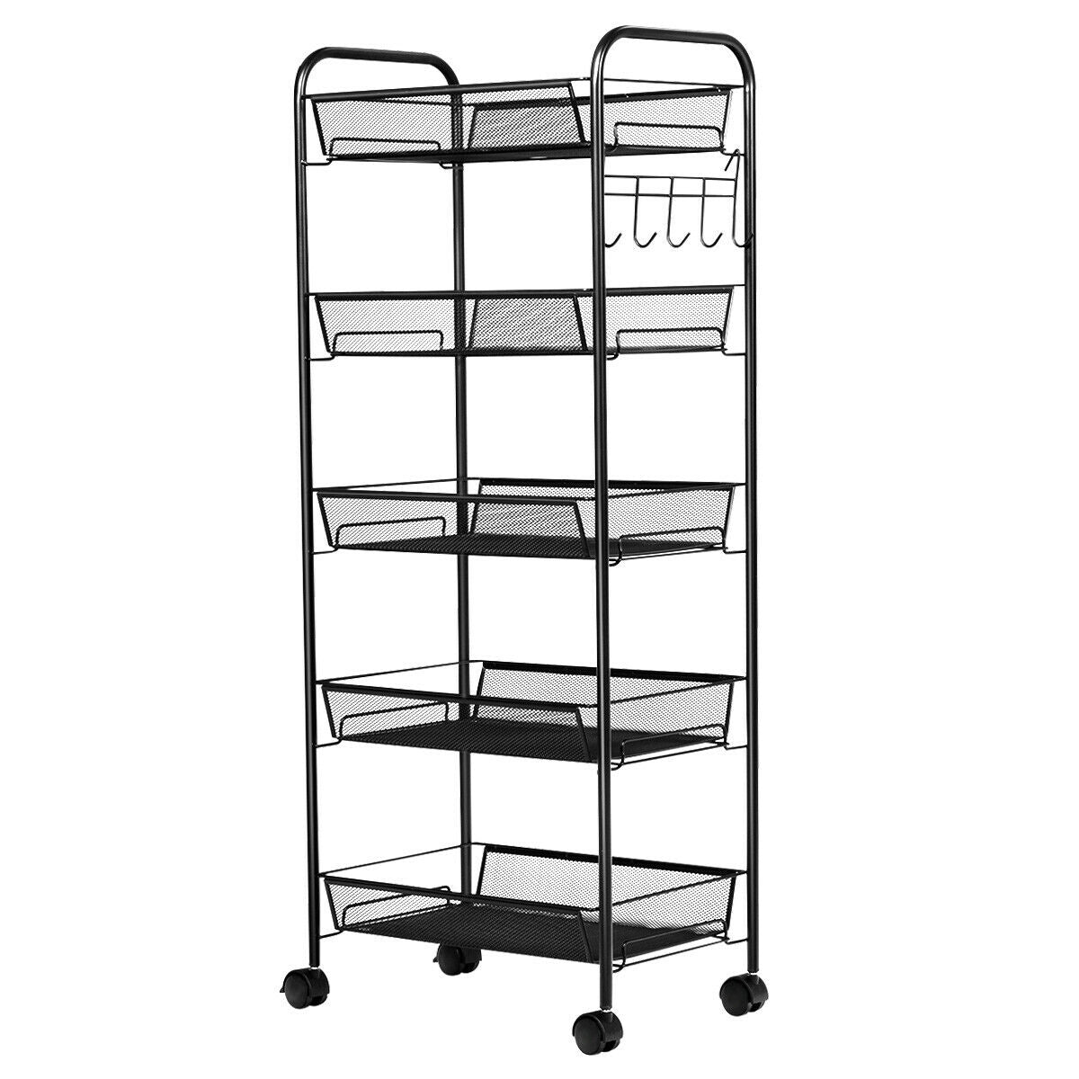 5-Tier Mesh Rolling Cart with Lockable Wheels, Black