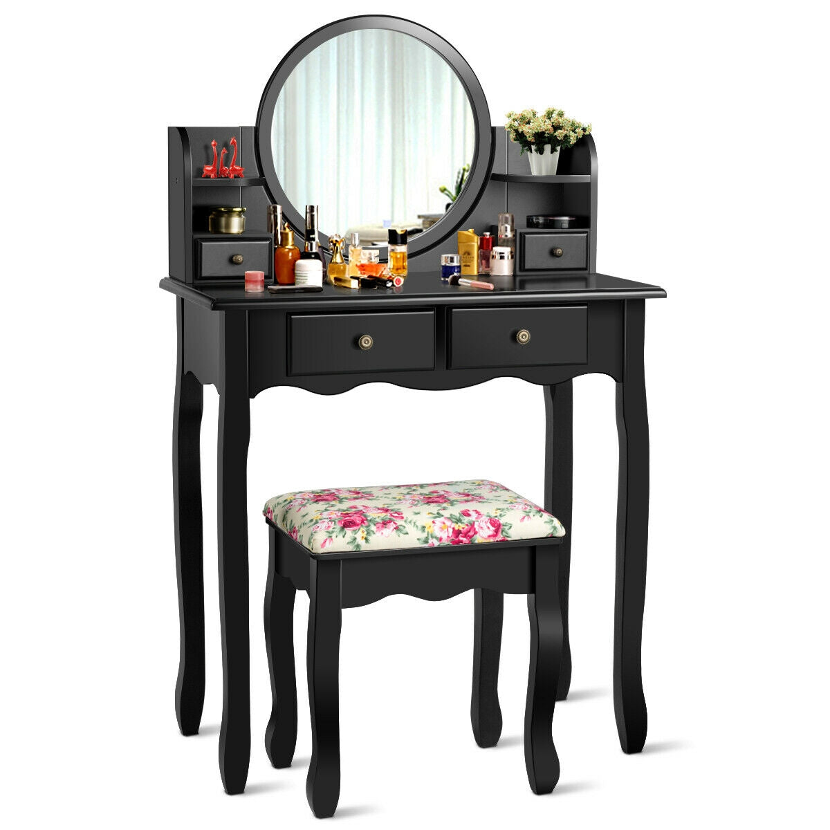 Makeup Vanity Table Set with 360° Mirror & Stool – Black