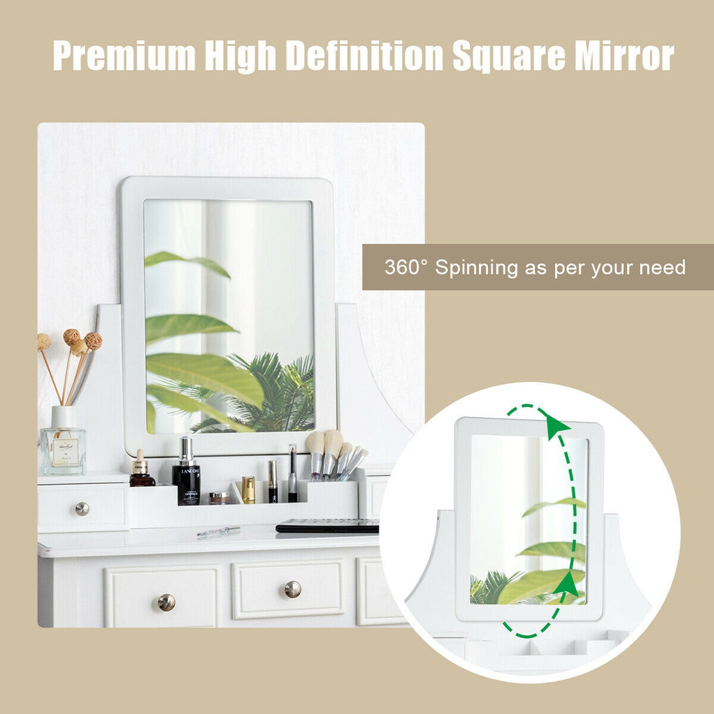 Makeup Vanity Set with Mirror and Cushioned Stool, White