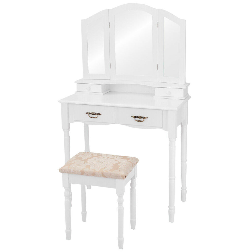 Makeup Vanity Set with Tri-Fold Mirror, 4 Drawers & Stool - White
