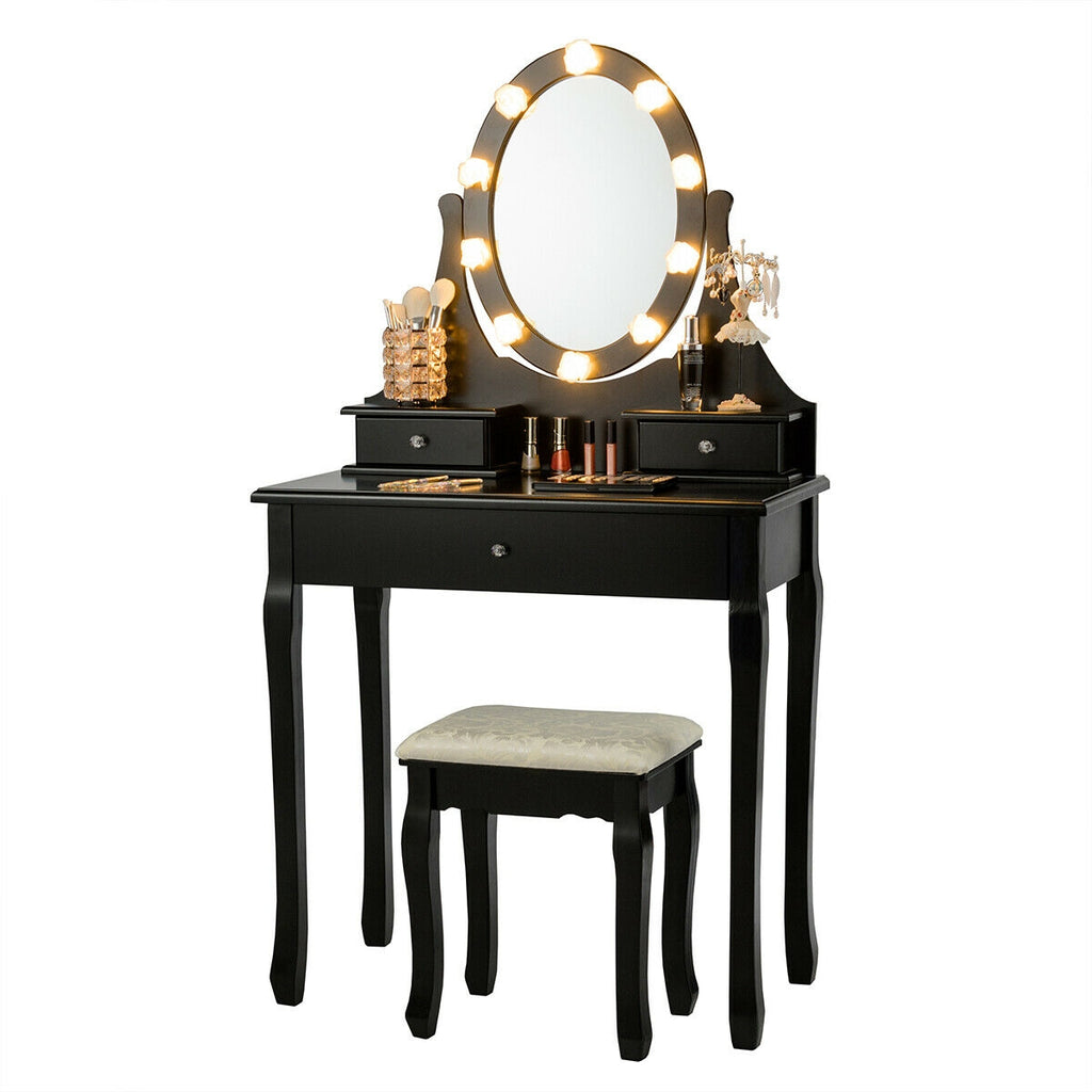 Lighted Dressing Table with 3 Drawers & Stool - Black, Style 2