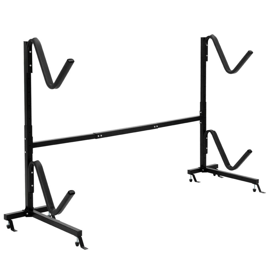 Dual Kayak Storage Rack - Height Adjustable Freestanding Boat Rack with Hooks
