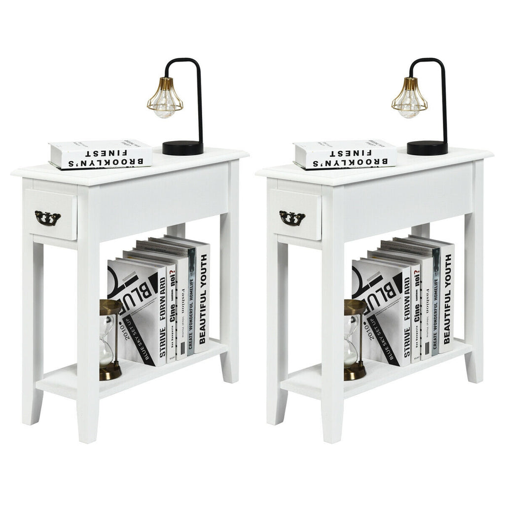 2-Tier Sofa Side Table with Drawer and Open Shelf, Set of 2, White