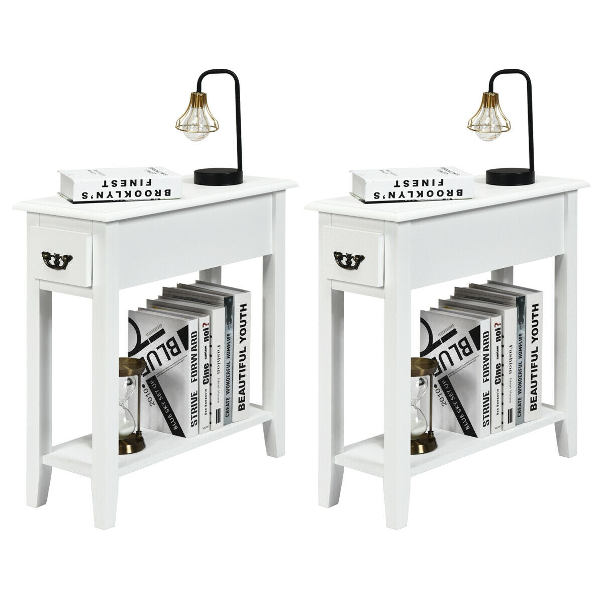 2-Tier Sofa Side Table with Drawer and Open Shelf, Set of 2, White