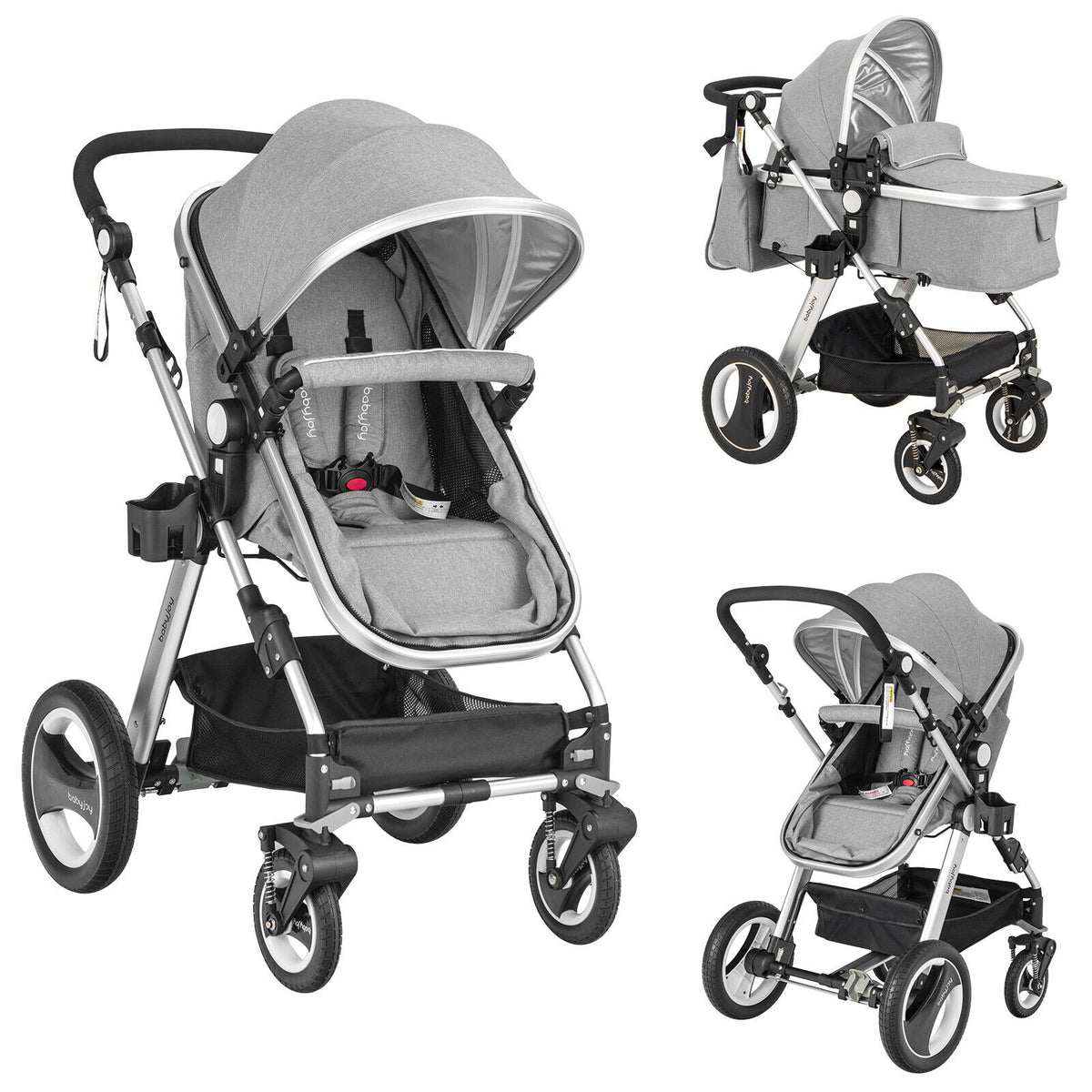 Foldable Aluminum Baby Stroller with Diaper Bag and Cup Holder - Gray