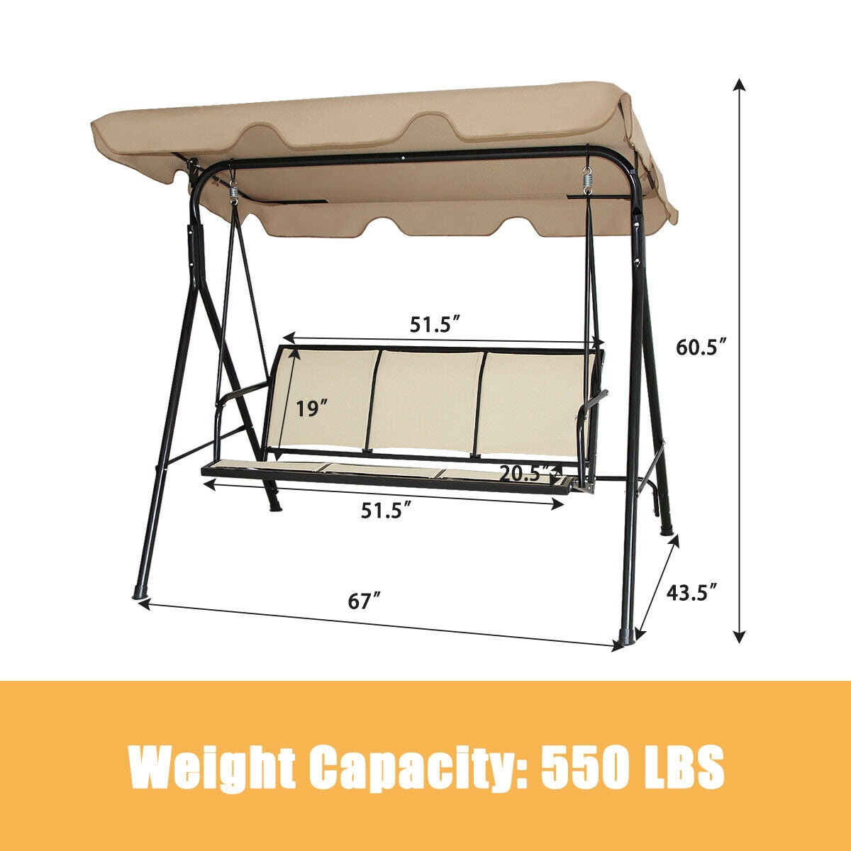 3-Person Patio Swing with Canopy – 50" x 16", Brown