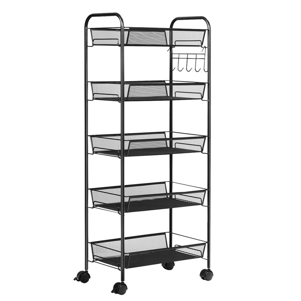 5 Tier Mesh Rolling Cart Storage Basket - Black