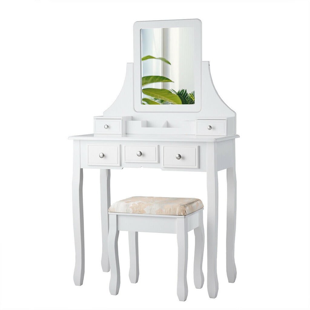 Makeup Vanity Set with Mirror and Cushioned Stool, White