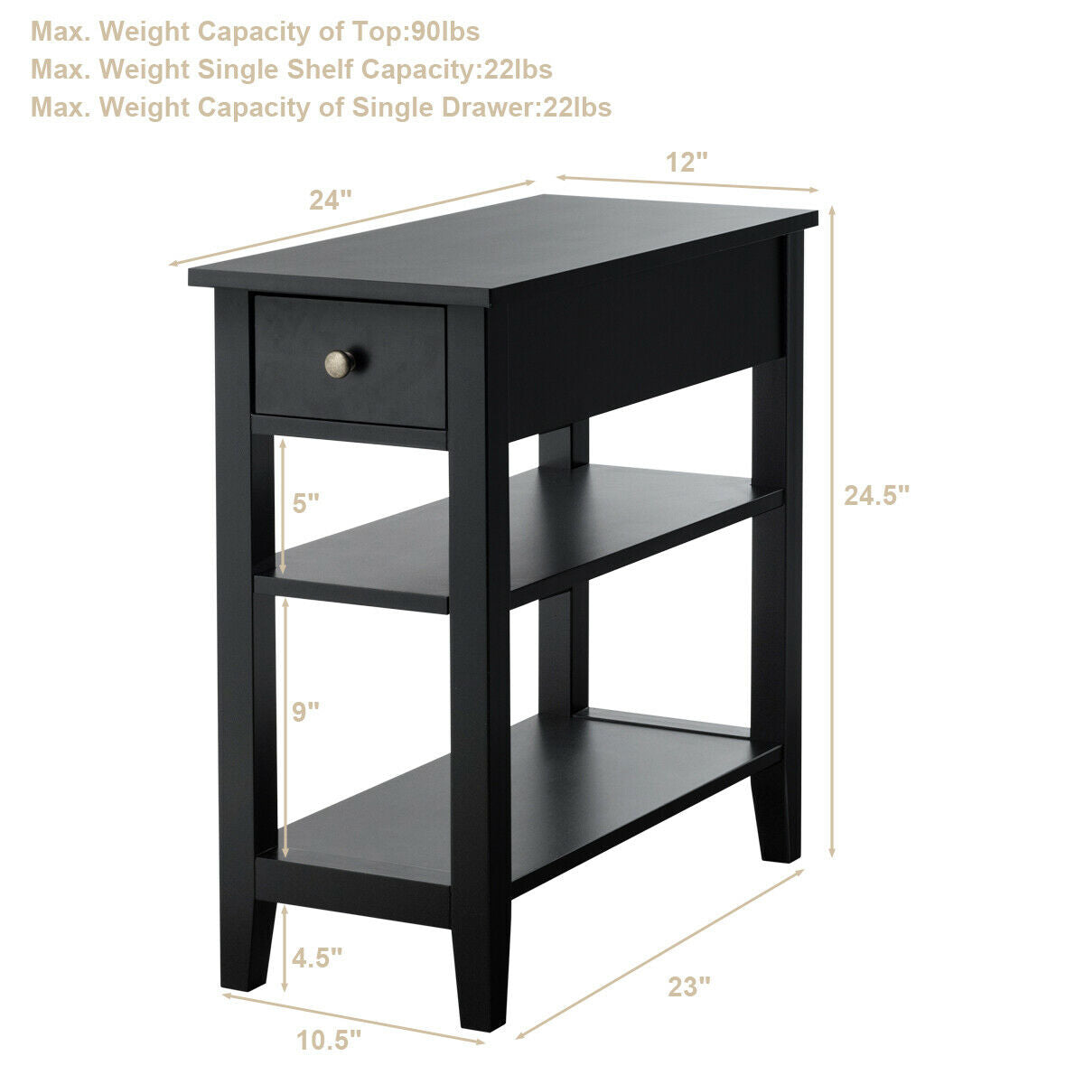 3-Tier End Table with Drawer & Shelves – Black