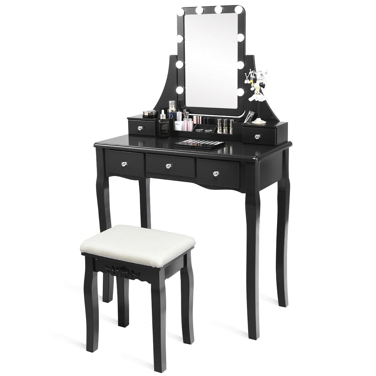 Dressing Table with Lighted Mirror and Stool - Square, Black