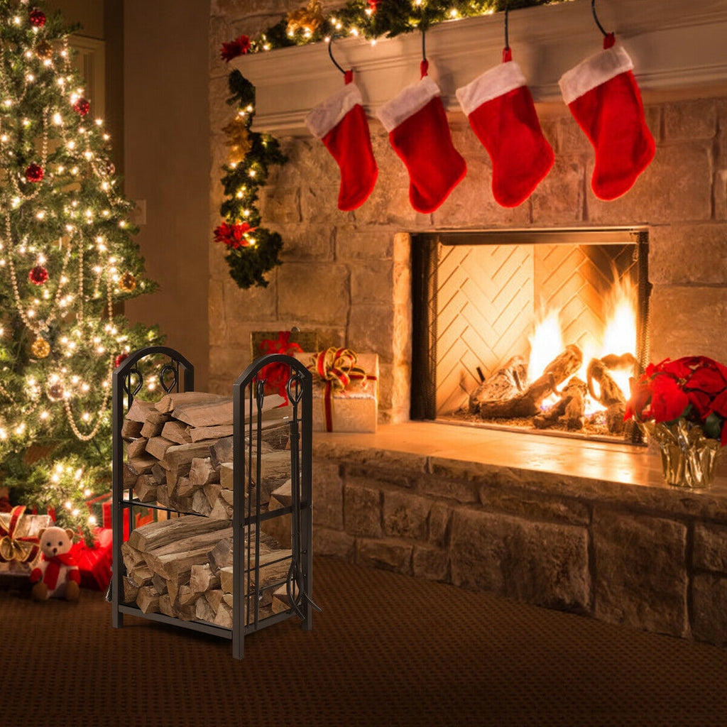 Fireplace Log Rack with 4 Tools and 2 Shelves - Black