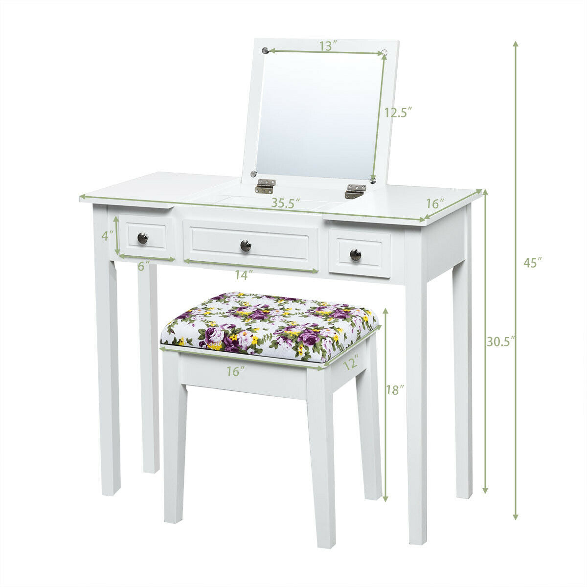 Vanity Dressing Table with Flip Top Mirror and 3 Drawers