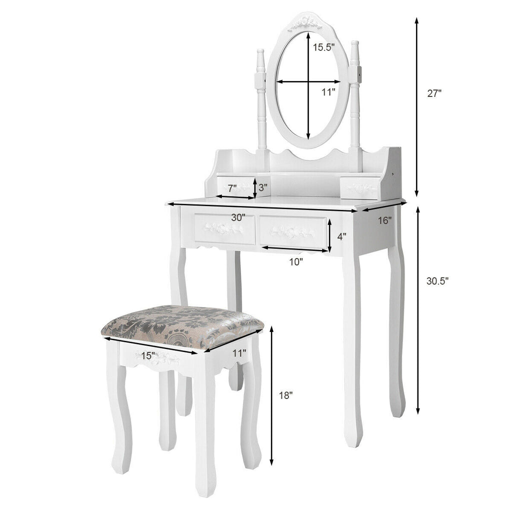 Vanity Table Set with Oval Mirror and 4 Drawers, White