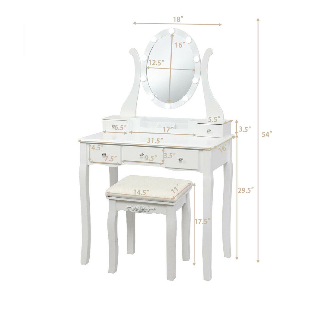 Dimmable Vanity Table Set with Lighted Mirror and Cushioned Stool, White