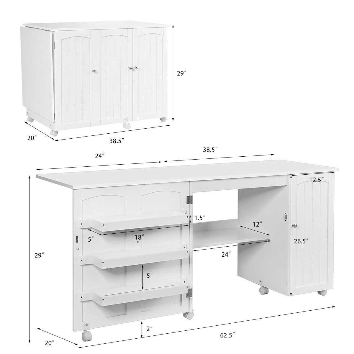 Folding Sewing Table with Storage Shelves and Lockable Casters - White