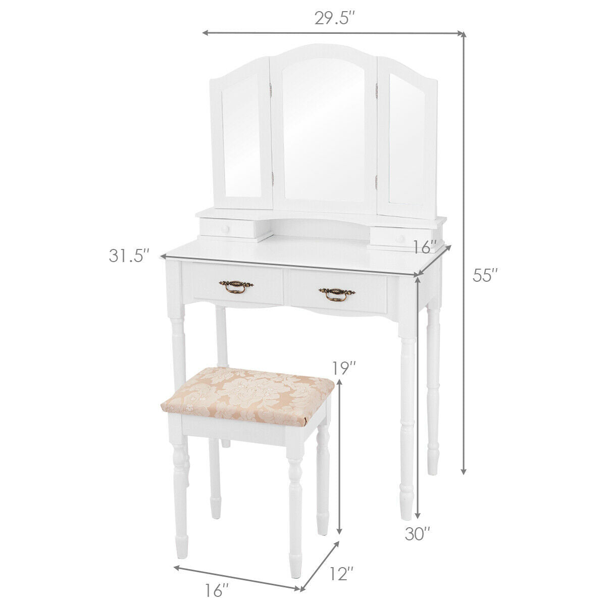 Makeup Vanity Set with Tri-Fold Mirror, 4 Drawers & Stool - White