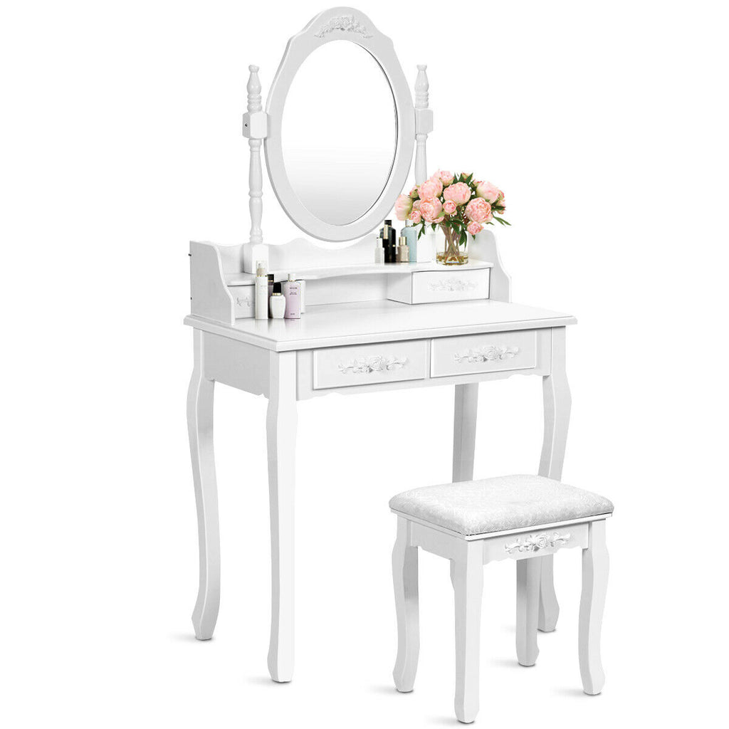 Wood Vanity Table Set with Mirror & Stool - White, 2 Drawers