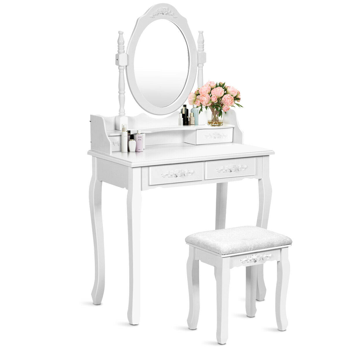 Wood Vanity Table Set with Mirror & Stool - White, 2 Drawers