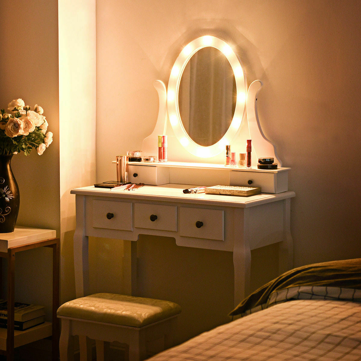 5-Drawer Vanity Table Set with Stool & 12-LED Bulbs, White