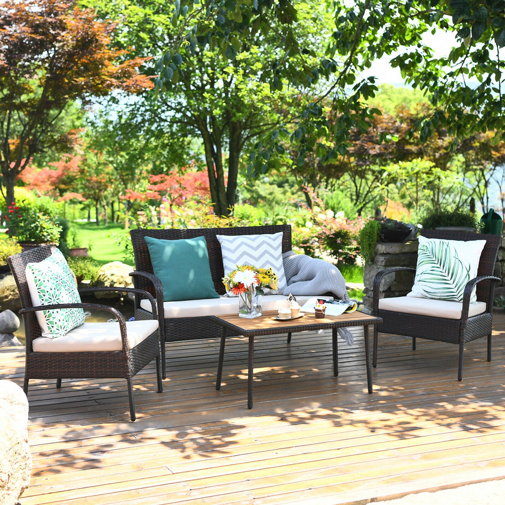 4-Piece Patio Cushioned Wicker Conversation Set with Acacia Wood Tabletop