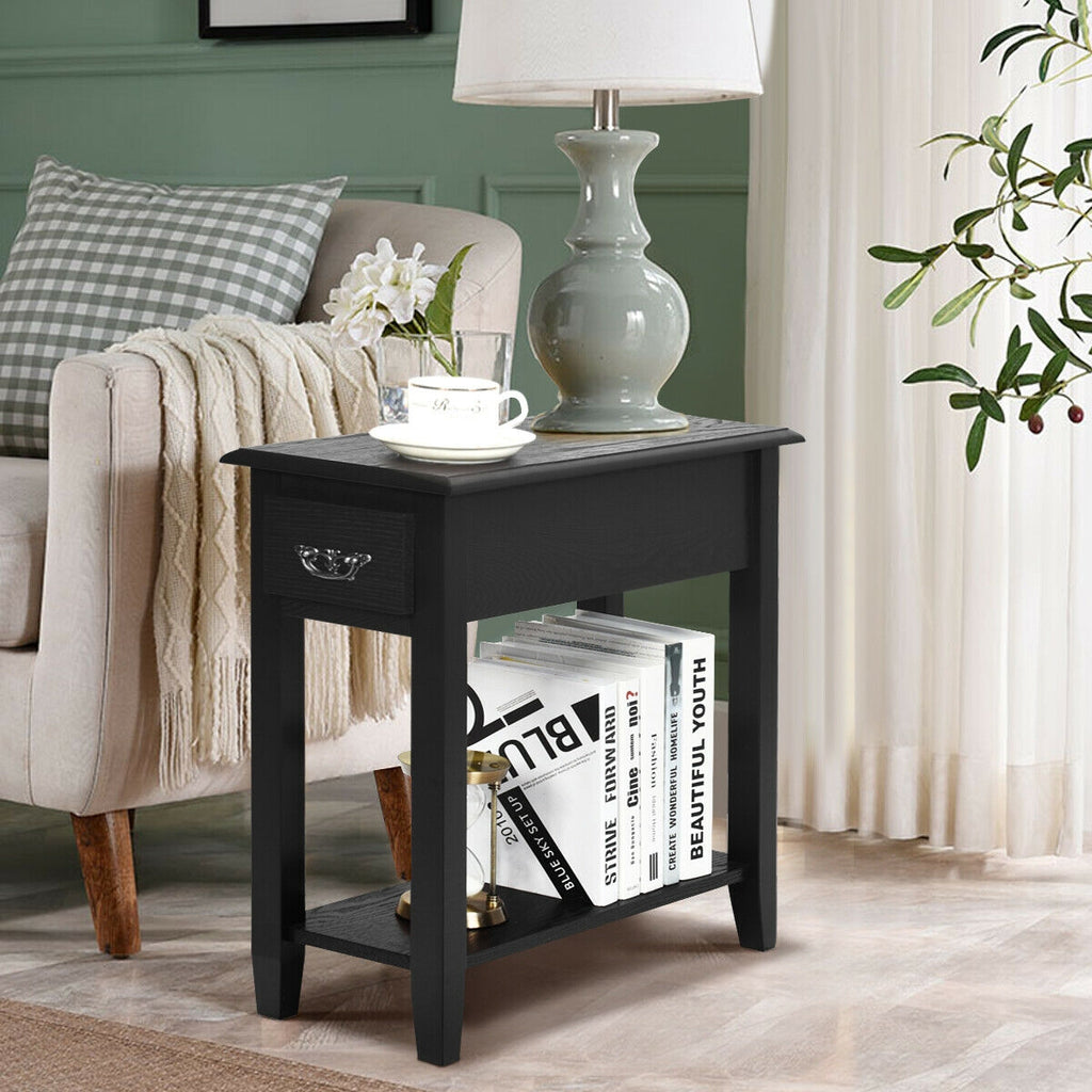 2-Tier Sofa Side Table with Drawer and Open Shelf, Set of 2, White
