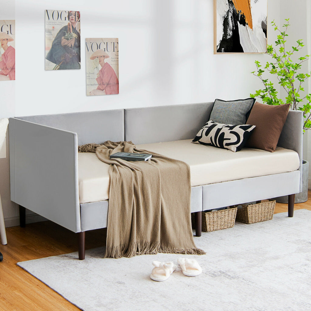 Velvet Twin Daybed Frame with Wood Slat Support – Gray