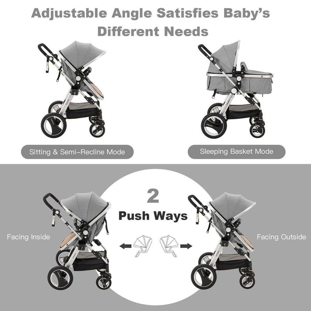 Foldable Aluminum Baby Stroller with Diaper Bag and Cup Holder - Gray