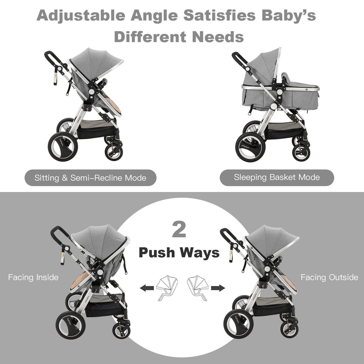 Foldable Aluminum Baby Stroller with Diaper Bag and Cup Holder - Gray