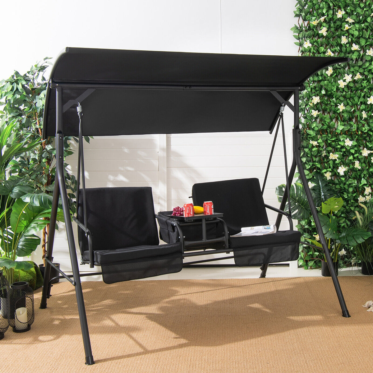 2-Seat Porch Swing with Canopy and Table - Black
