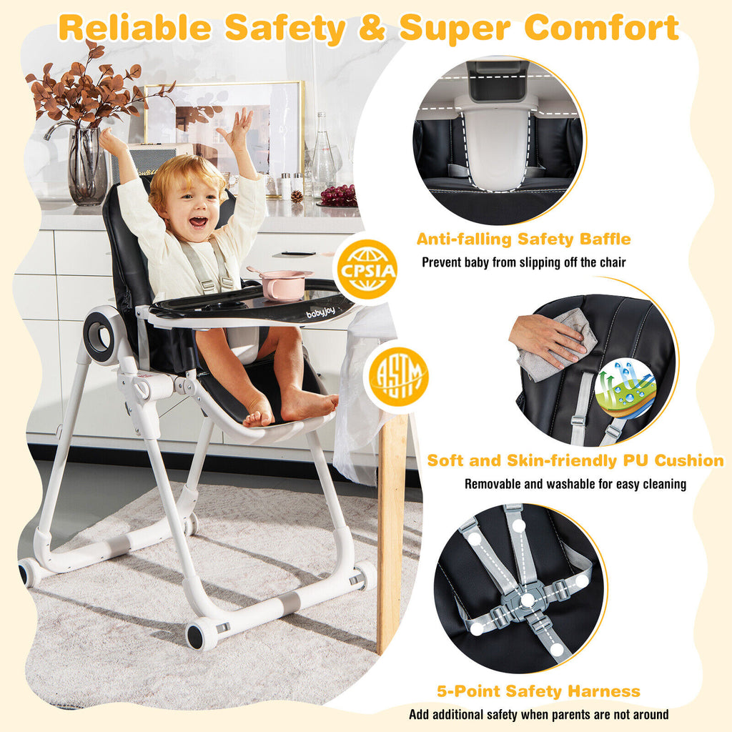 Baby High Chair Foldable Feeding Chair with Lockable Wheels - Black