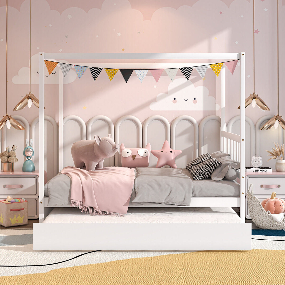 Full Size Canopy Bed Frame with Trundle & Headboard - White