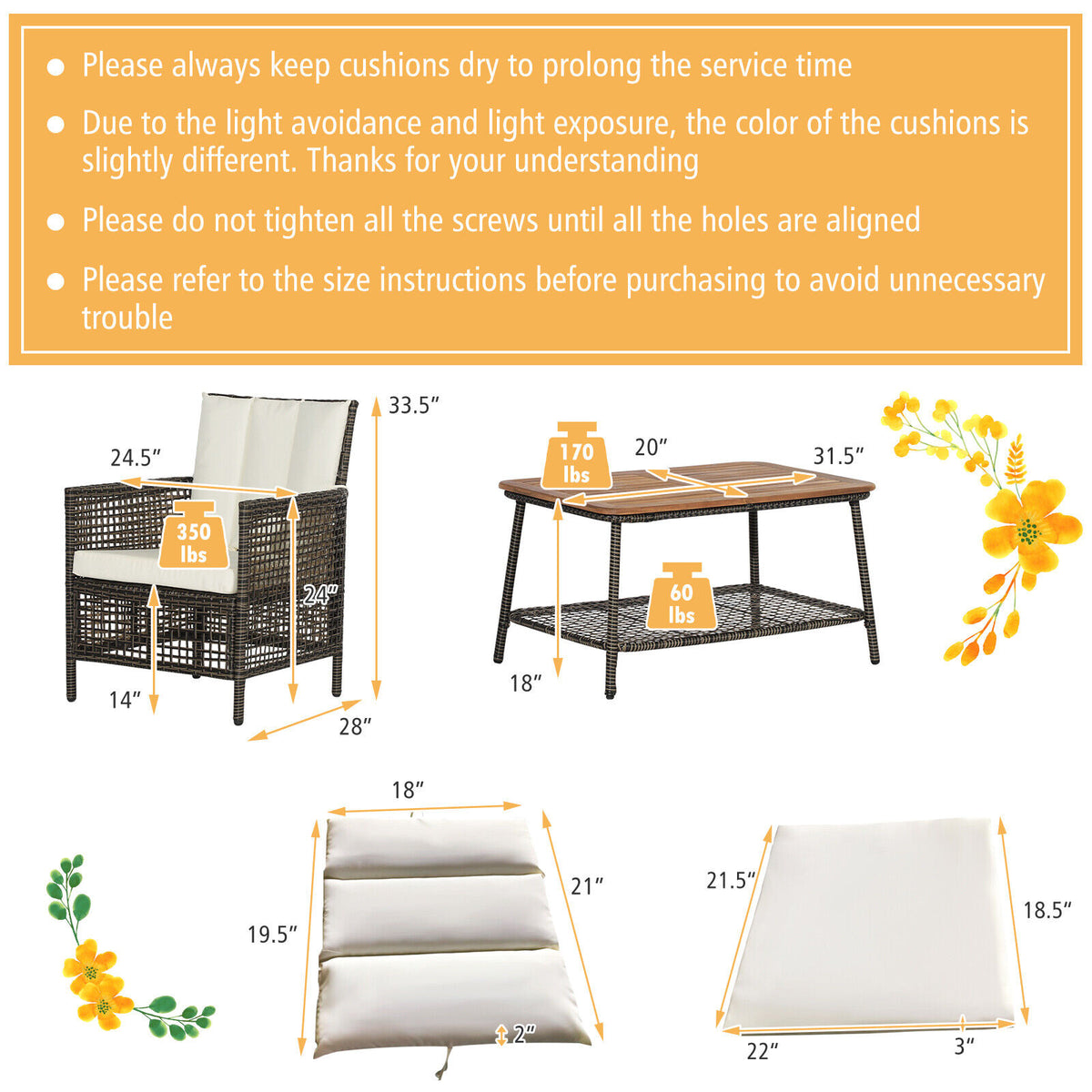 5 Pieces Patio Rattan Furniture Set Cushioned Sofa Armrest Wooden