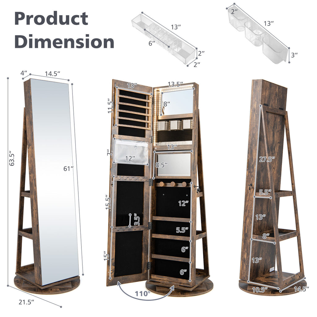 360° Rotating Jewelry Cabinet with Mirror & LED Light - Brown, 5 Shelves