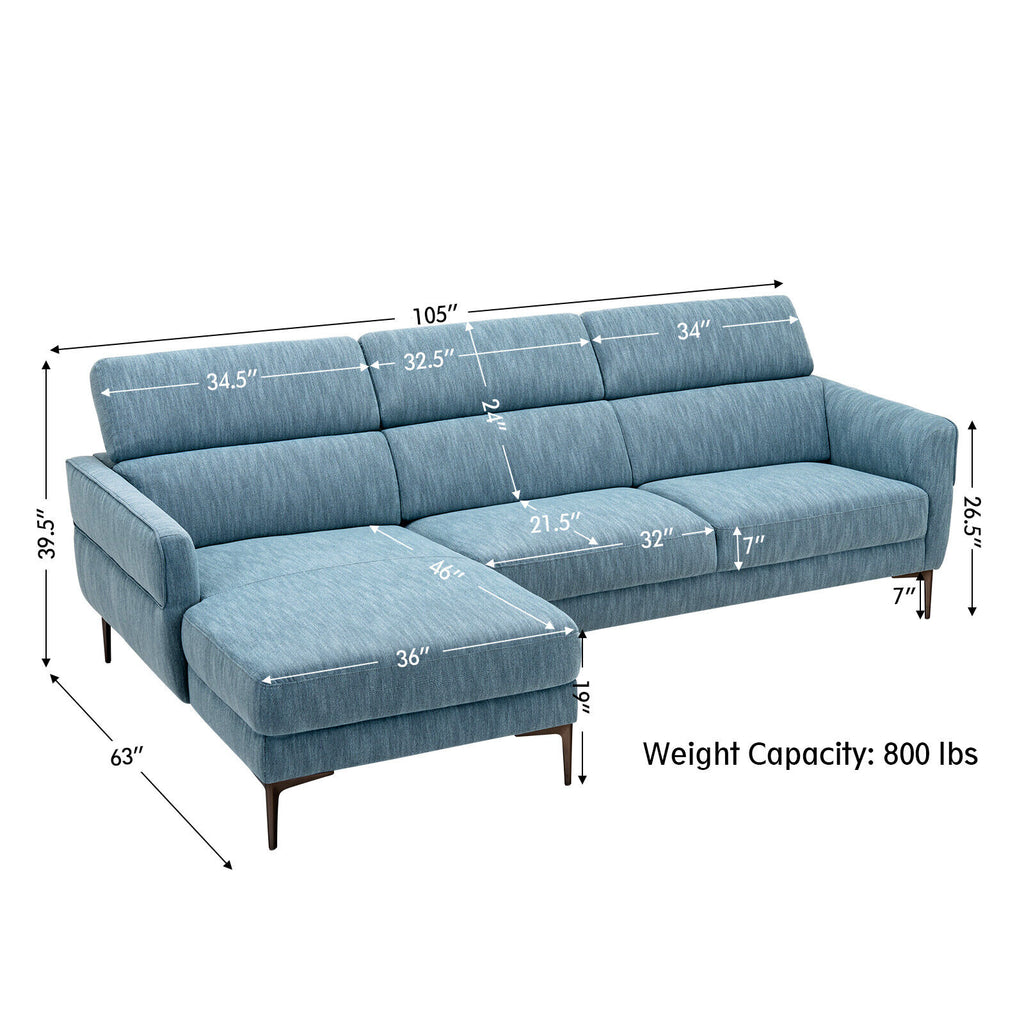 105 Inch L-Shaped Sofa Couch with Adjustable Headrests, Blue