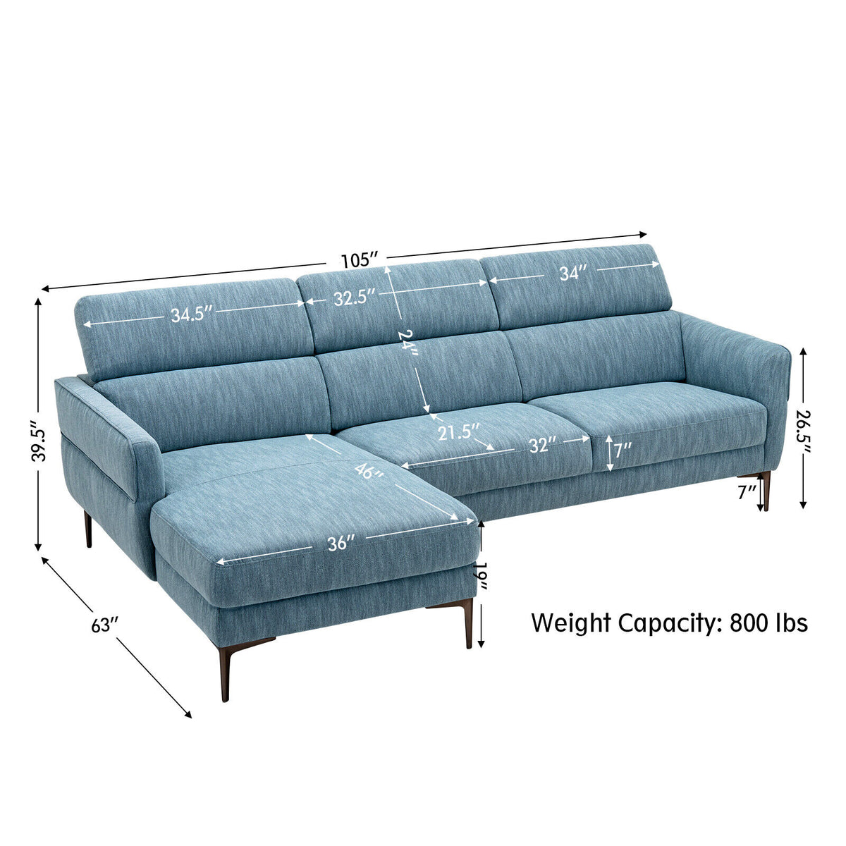 105 Inch L-Shaped Sofa Couch with Adjustable Headrests, Blue