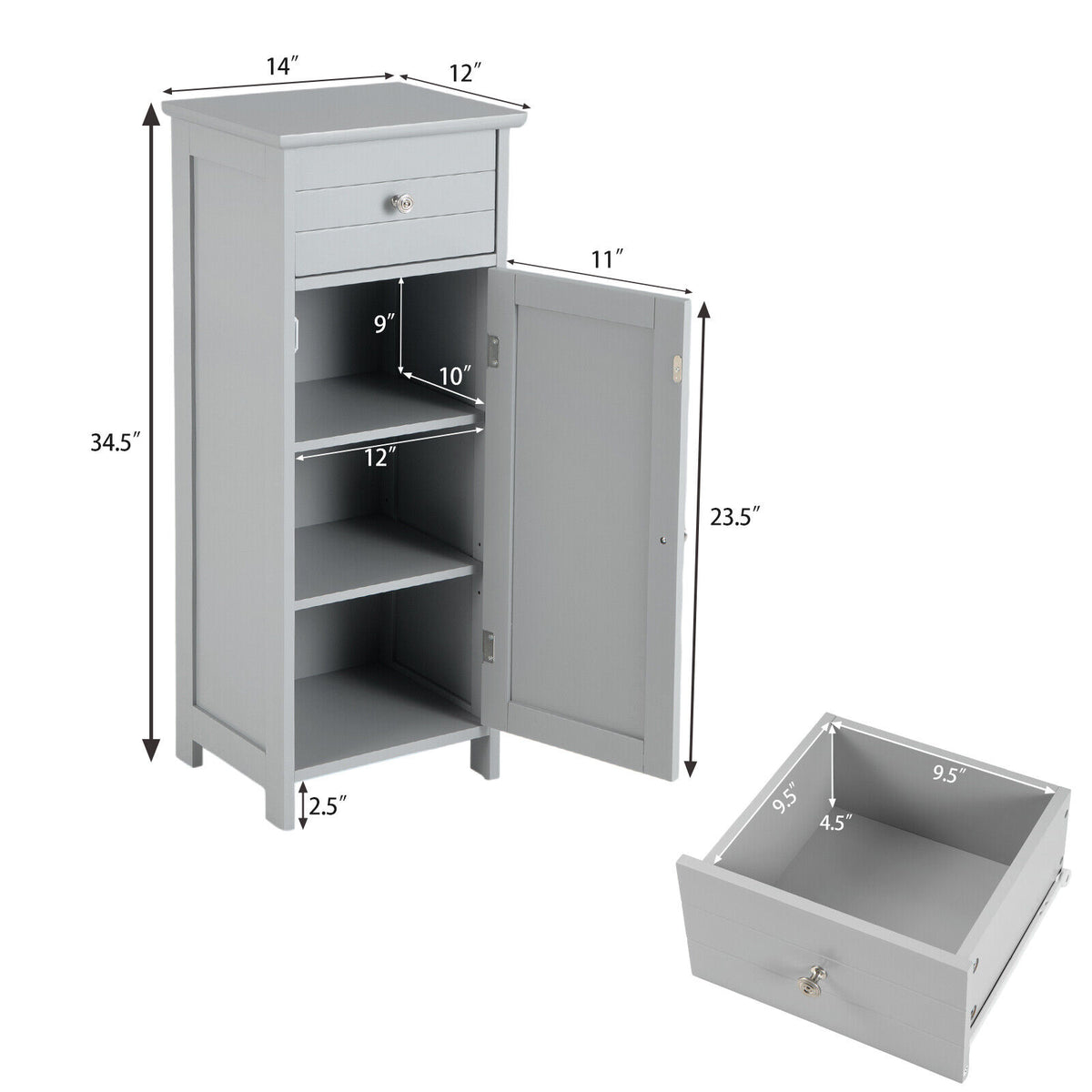 Wooden Bathroom Floor Storage Cabinet with Drawer and Adjustable Shelf