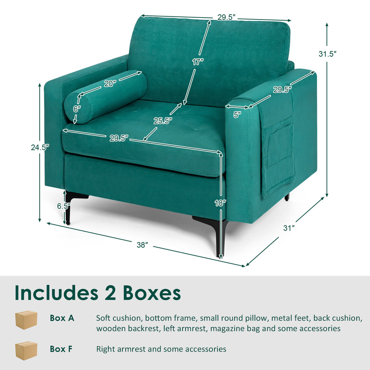 Modern Accent Chair with Storage Pocket, Teal