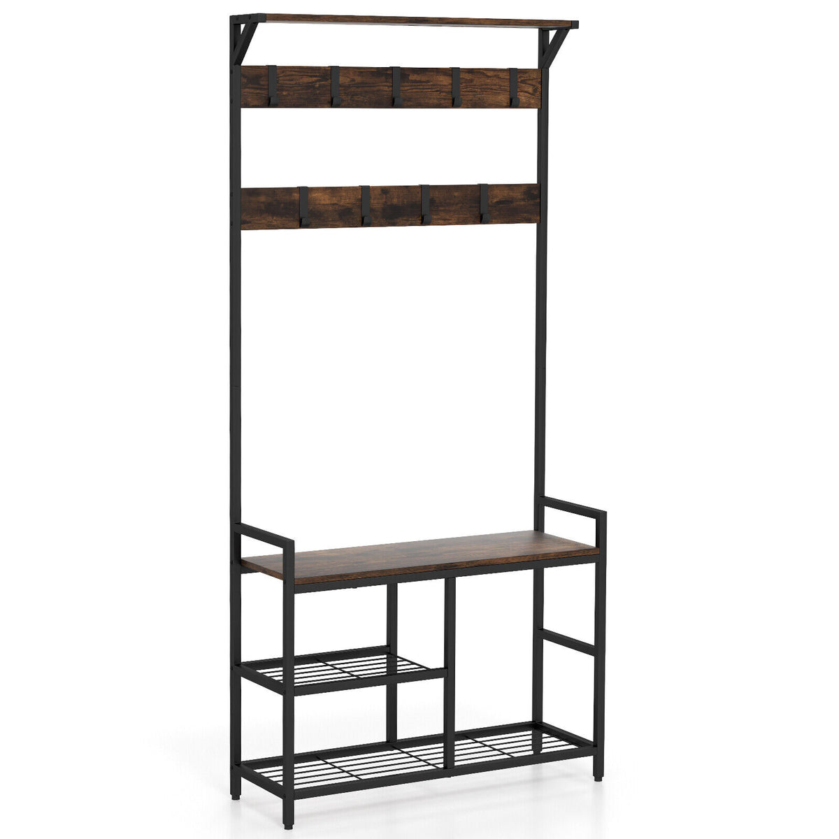 71 Inch Freestanding Hall Tree with Shoe Bench and 9 Removable Hooks