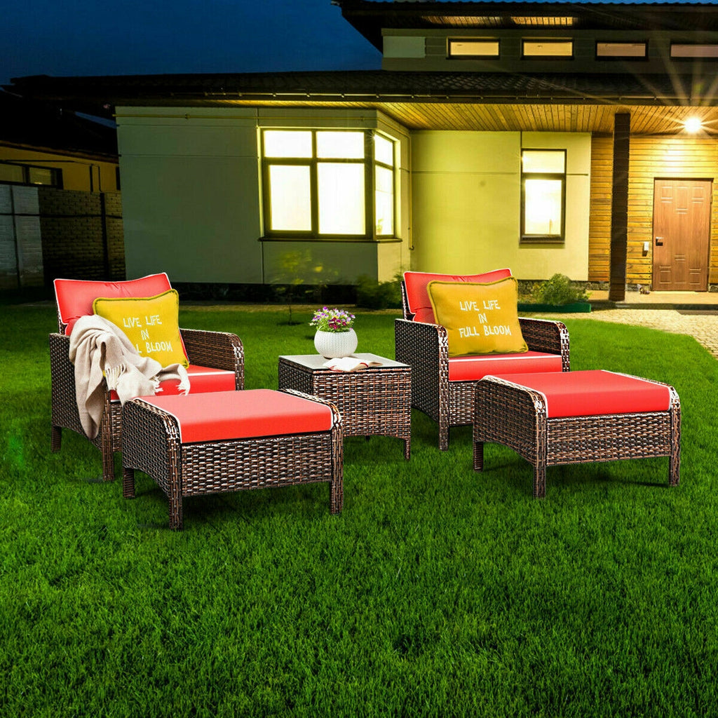 5-Piece Patio Rattan Sofa Set with Cushions - Red