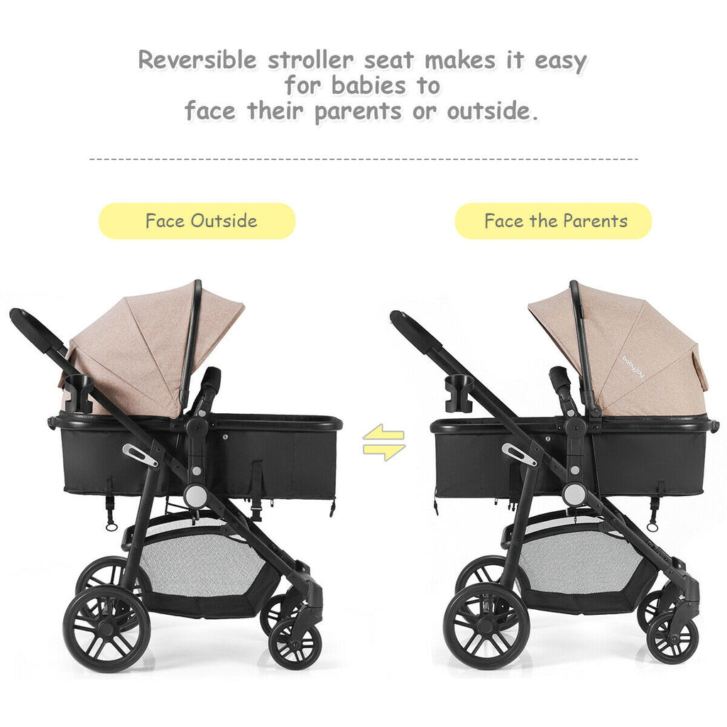 2-in-1 Foldable Infant Baby Stroller with Cup Holder - Light Brown, Newborn to 36 Months