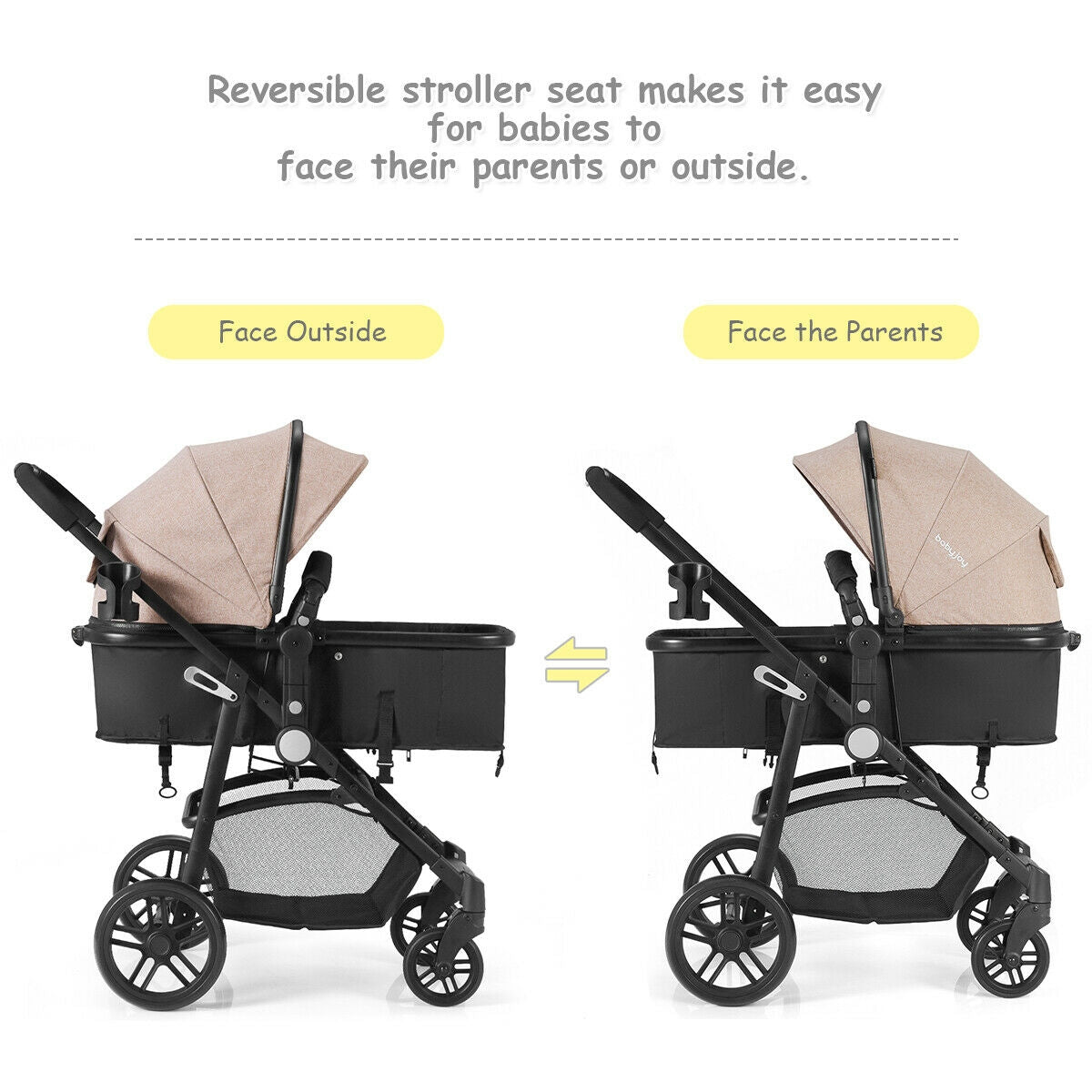 2-in-1 Foldable Infant Baby Stroller with Cup Holder - Light Brown, Newborn to 36 Months