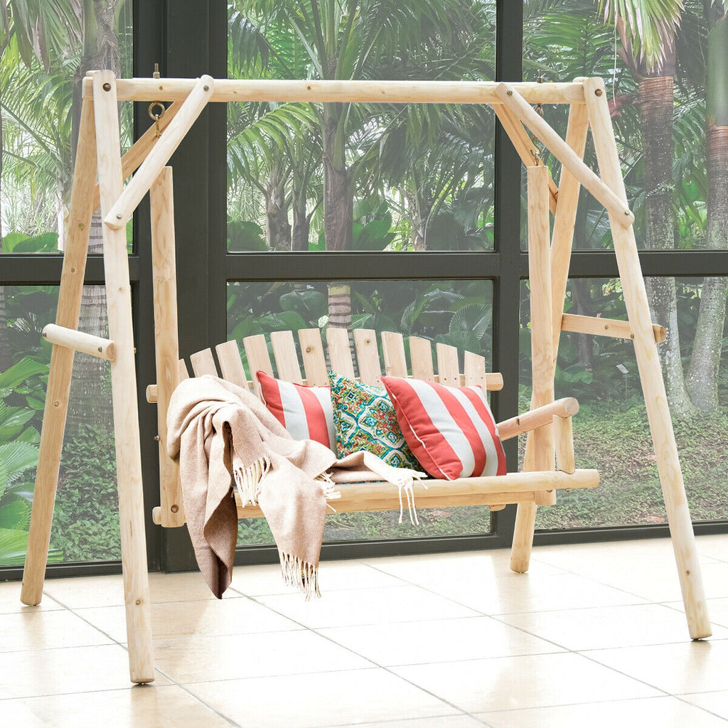 Outdoor Wooden Porch Bench Swing Chair - Rustic Curved Back