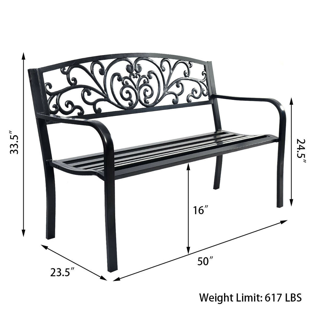 50-Inch Patio Park Bench, Steel Frame & Cast Iron Backrest - Style 2