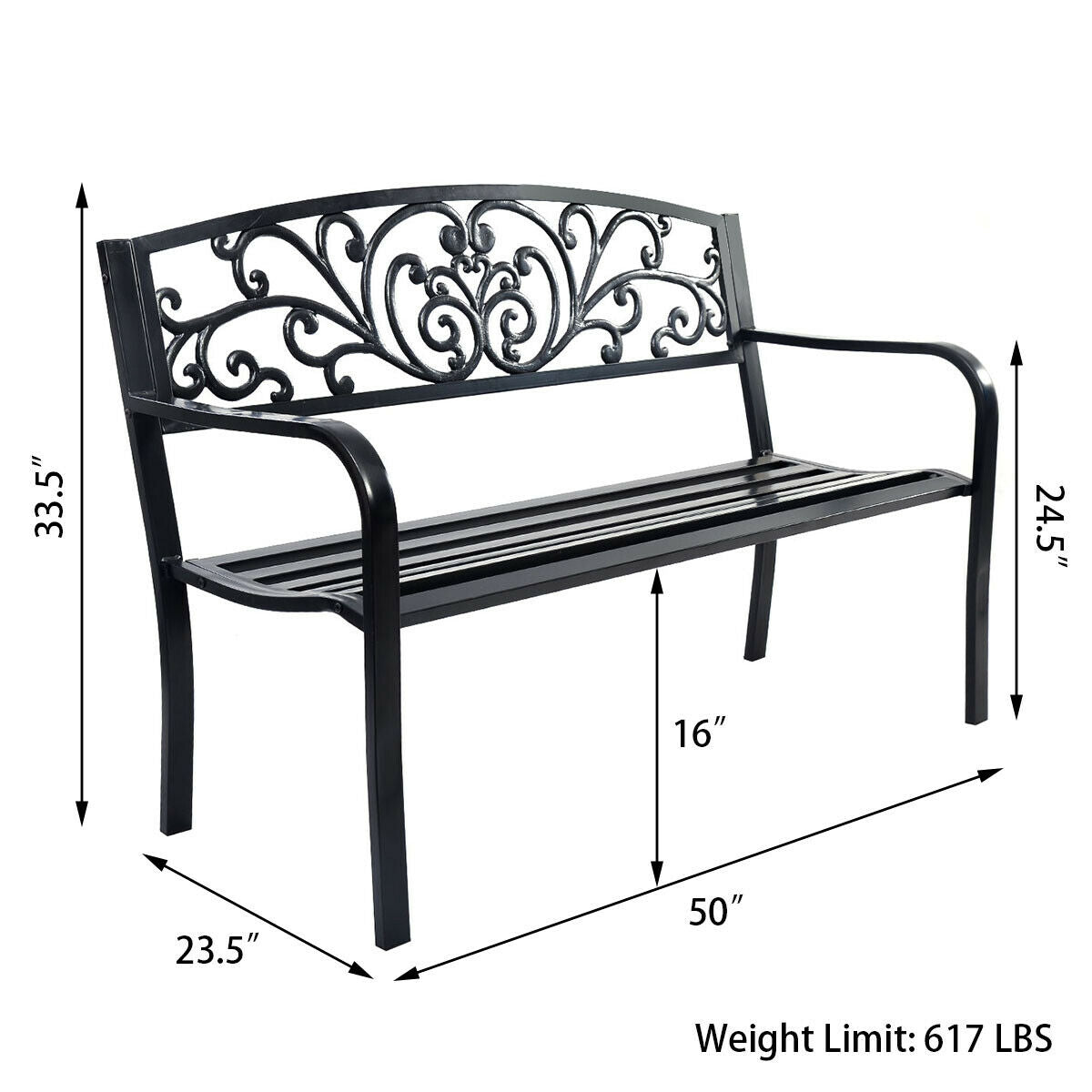 50-Inch Patio Park Bench, Steel Frame & Cast Iron Backrest - Style 2