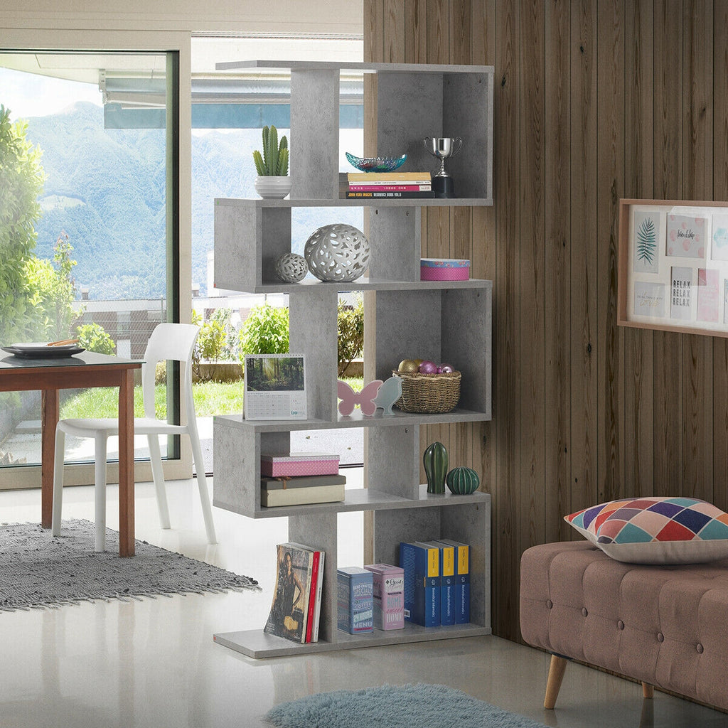 5-Tier Wood Geometric Bookshelf with S Shaped Design