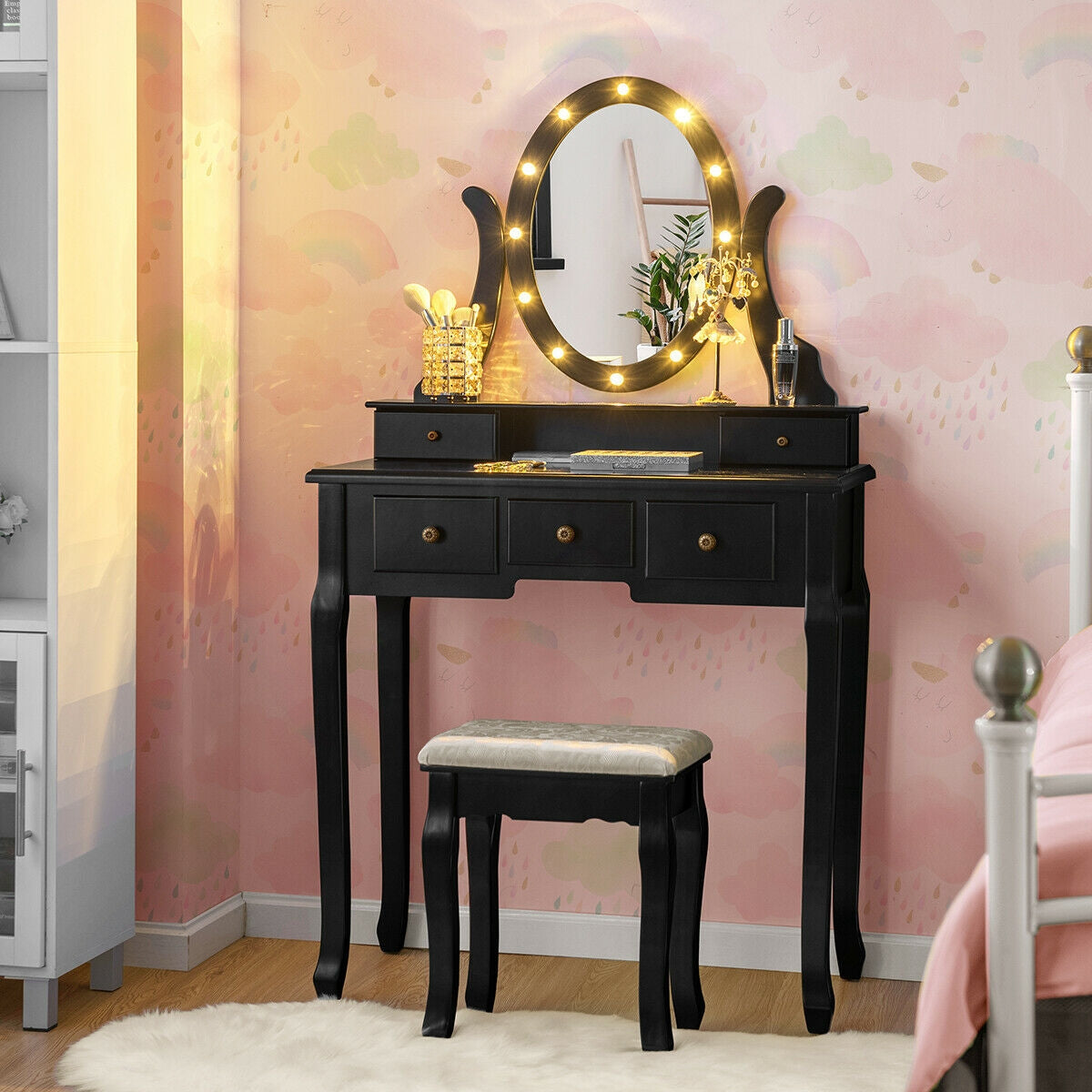 5-Drawer Vanity Table Set with Stool & 12-LED Bulbs, White