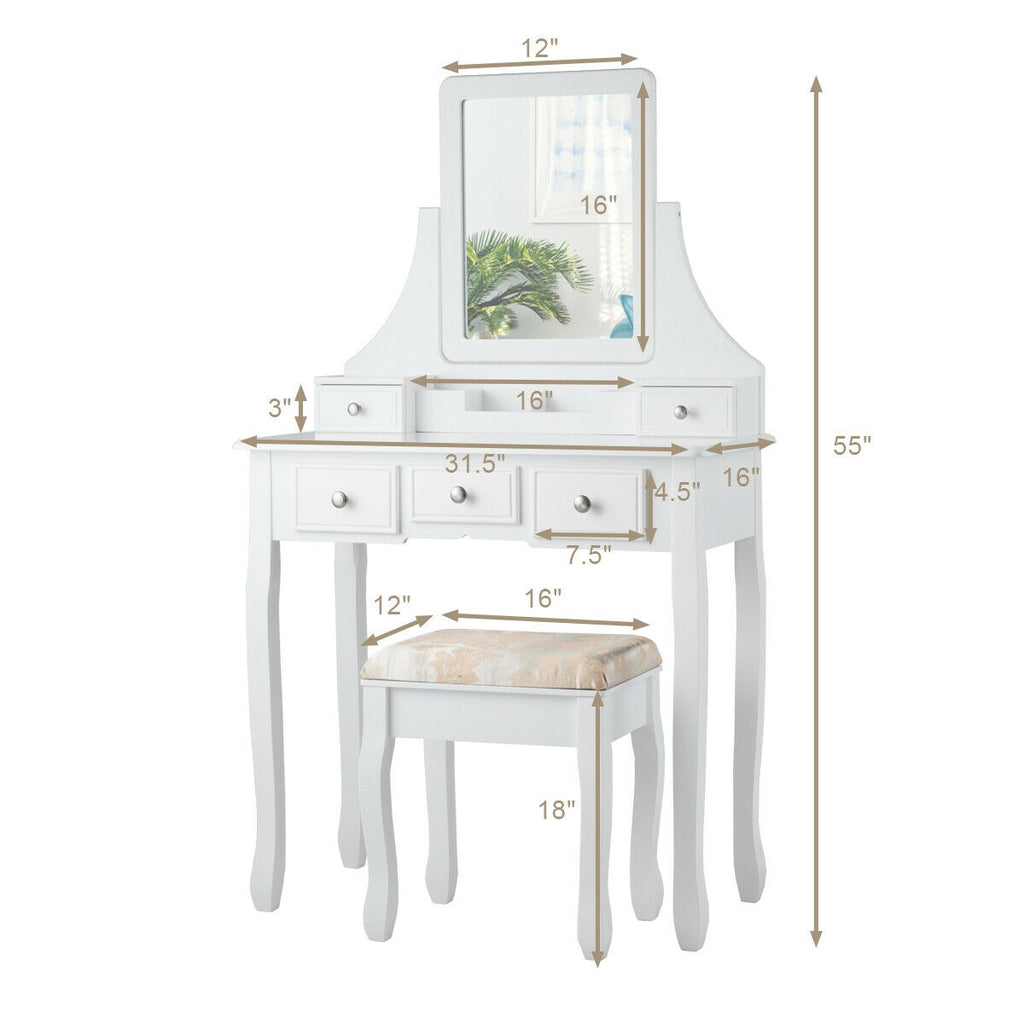 Makeup Vanity Set with Mirror and Cushioned Stool, White