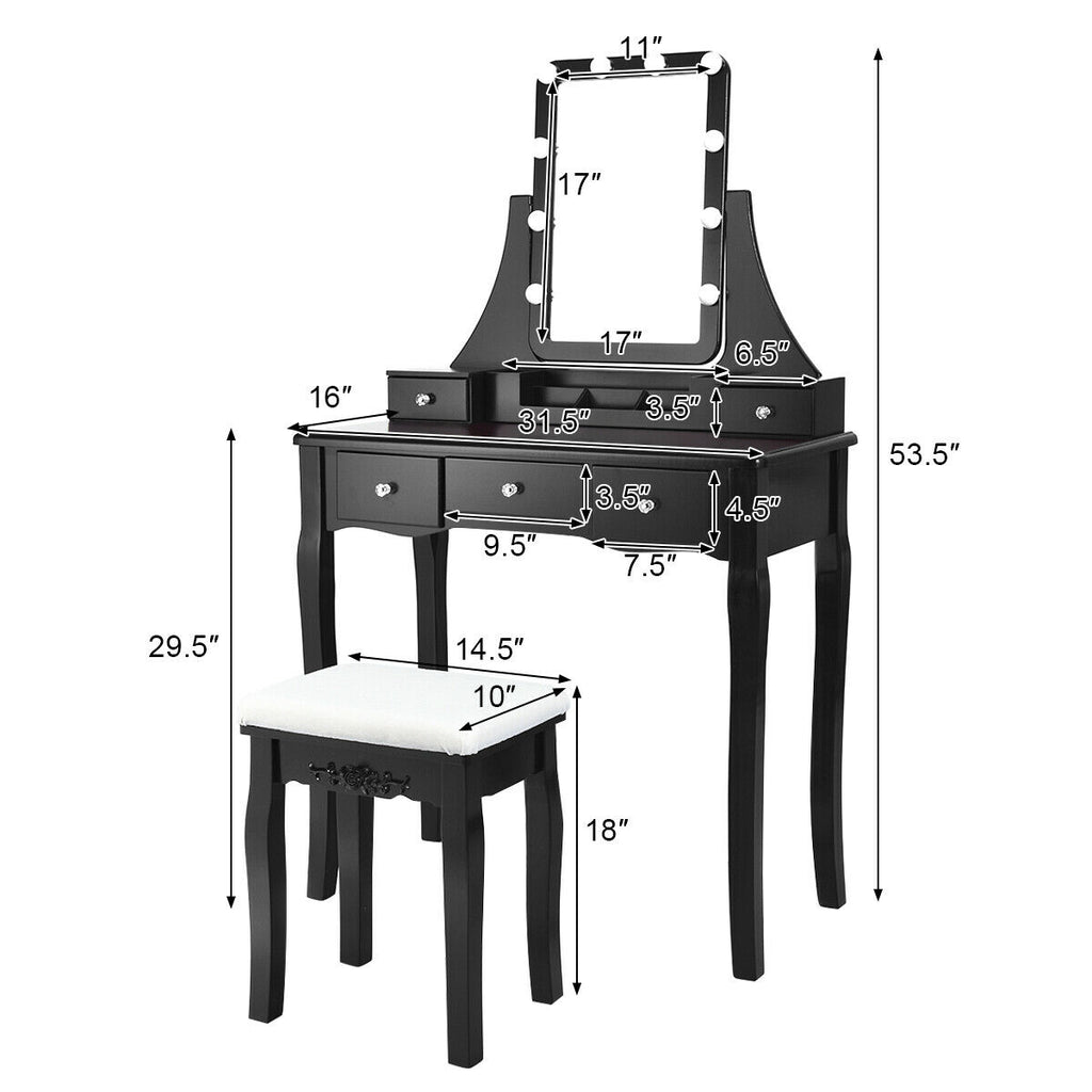 Dressing Table with Lighted Mirror and Stool - Square, Black