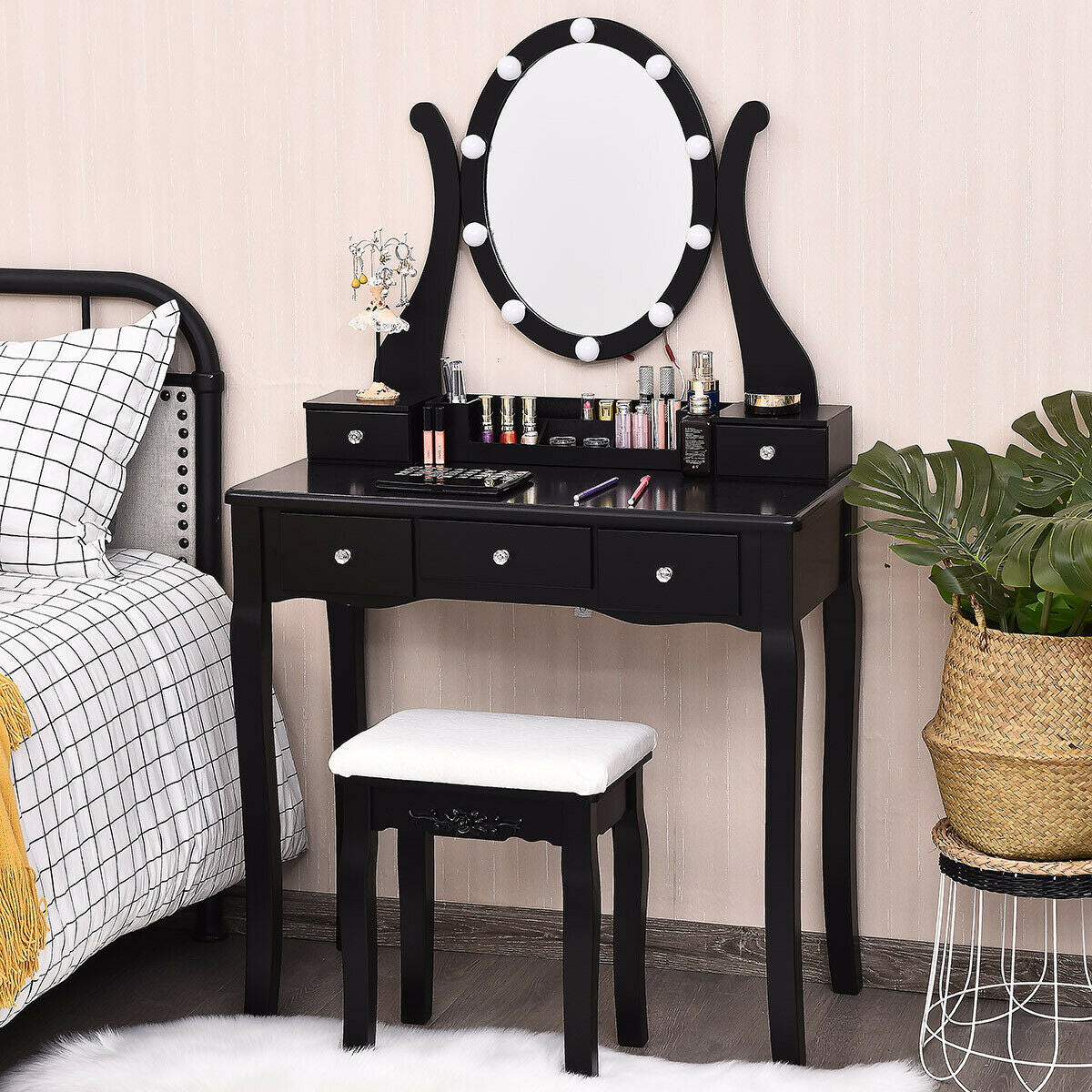 Dimmable Vanity Table Set with Lighted Mirror and Cushioned Stool, White